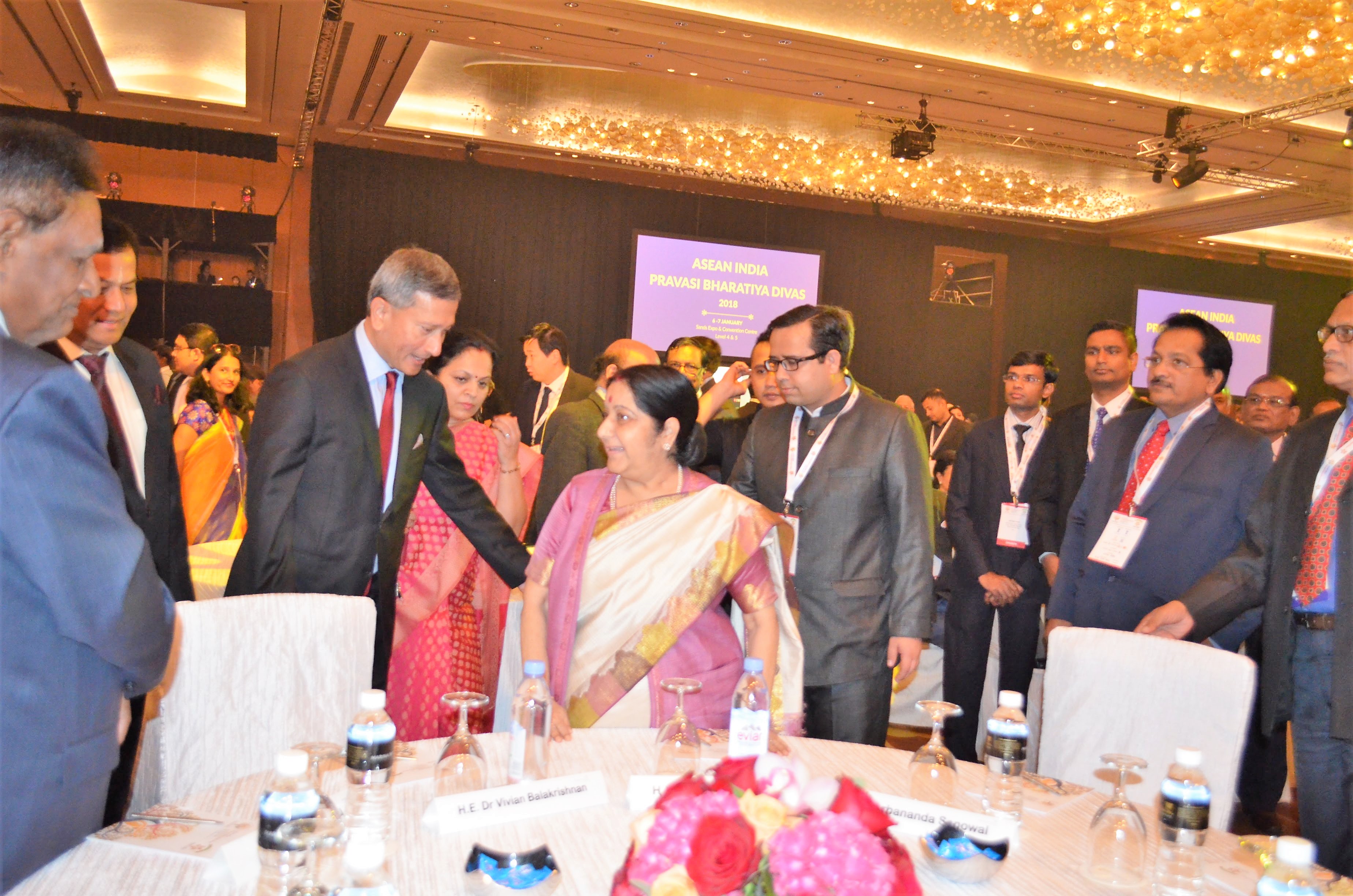 Singapore’s Minister for Foreign Affairs Dr Vivian Balakrishnan with Indian EAM Sushma Swaraj before the opening address on Day 2 of the PBD
