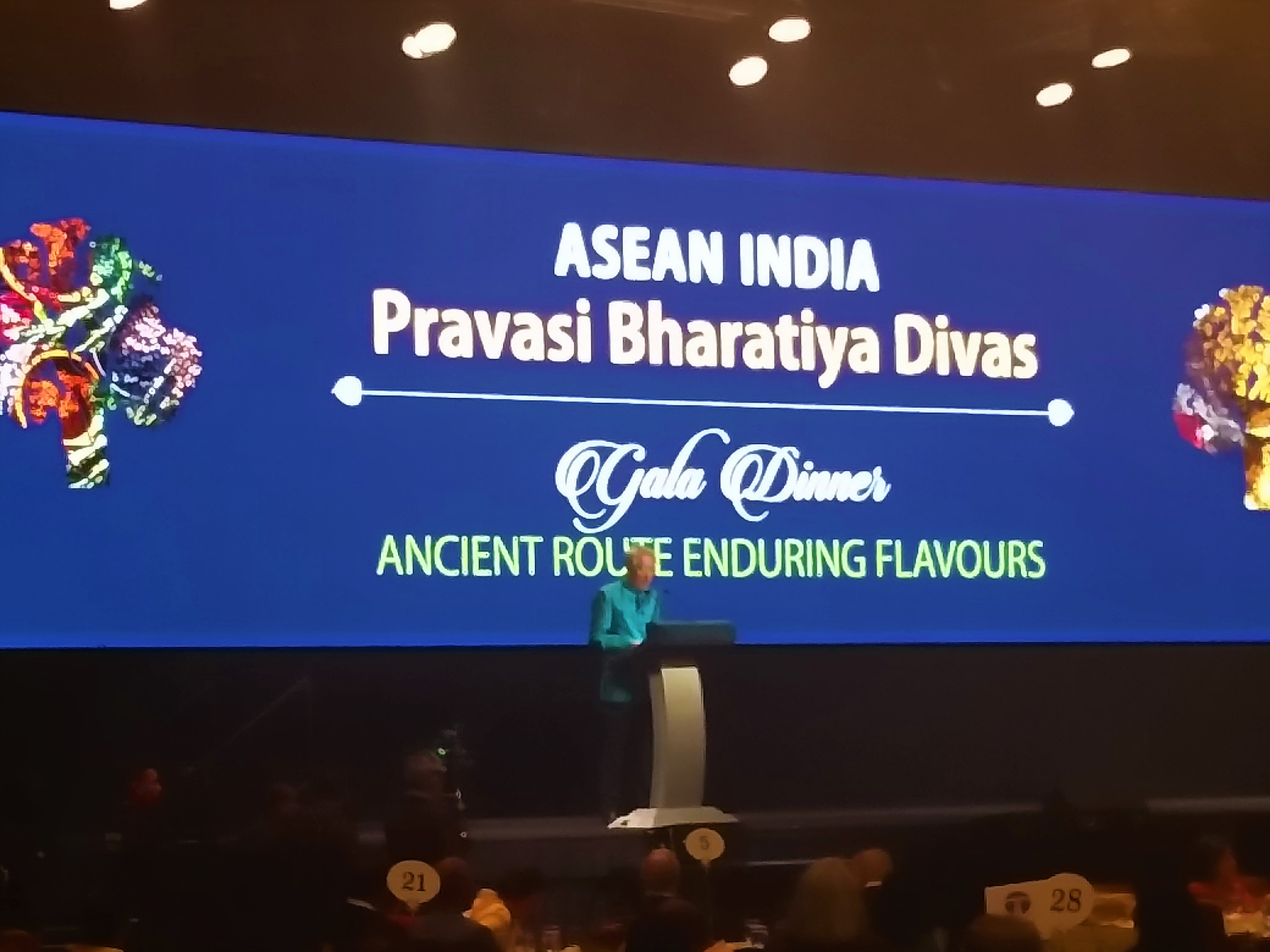 Singapore Deputy Prime Minister Teo Chee Hean addresses a gathering of Indian diaspora during the gala dinner at the ASEAN India Pravasi Bharatiya Divas.
