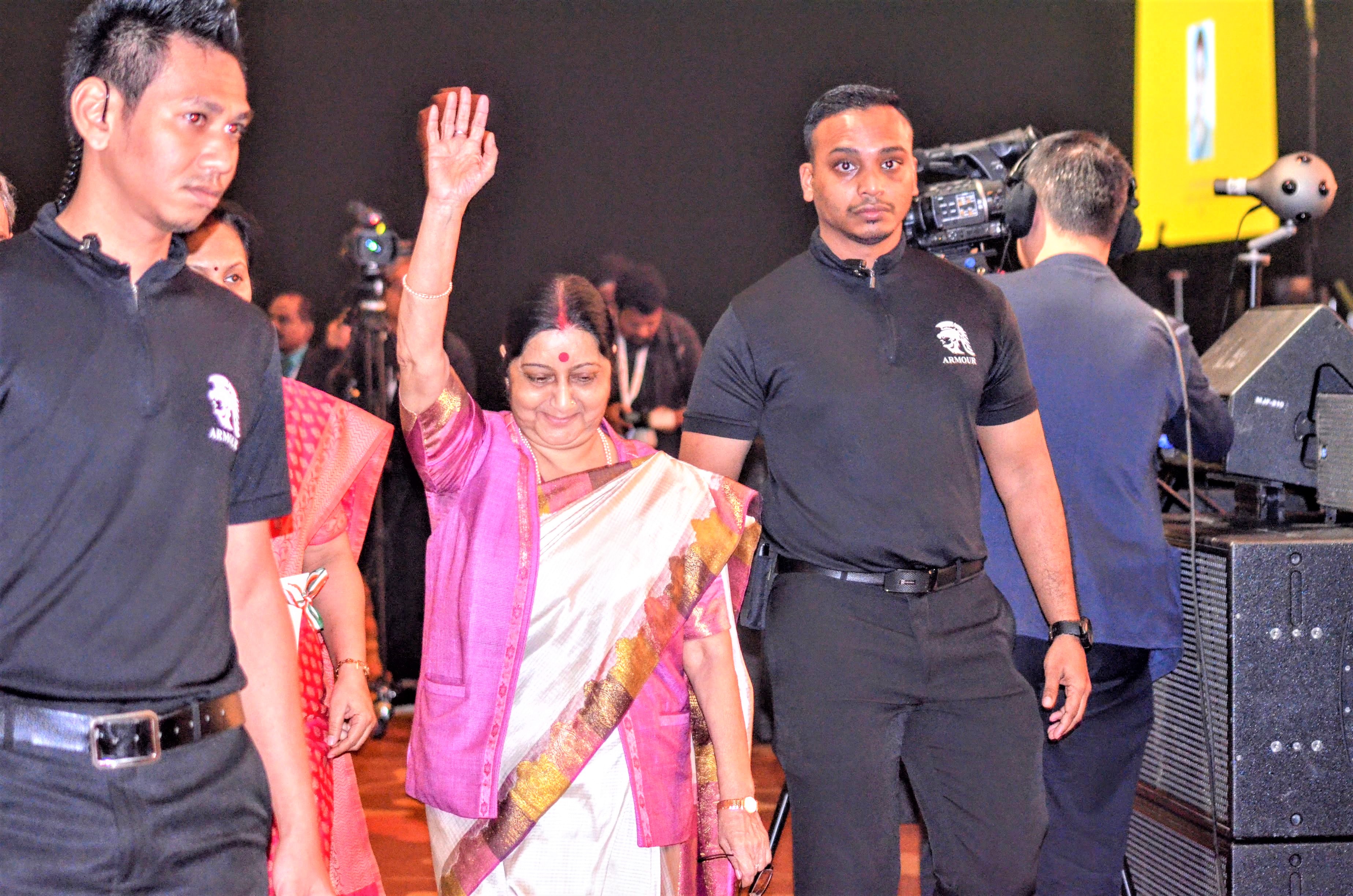 Indian Minister of External Affairs Sushma Swaraj waves hand to Indian diaspora while arriving at the Pravasi Bharatiya Divas at Marina Bay Sands. 
