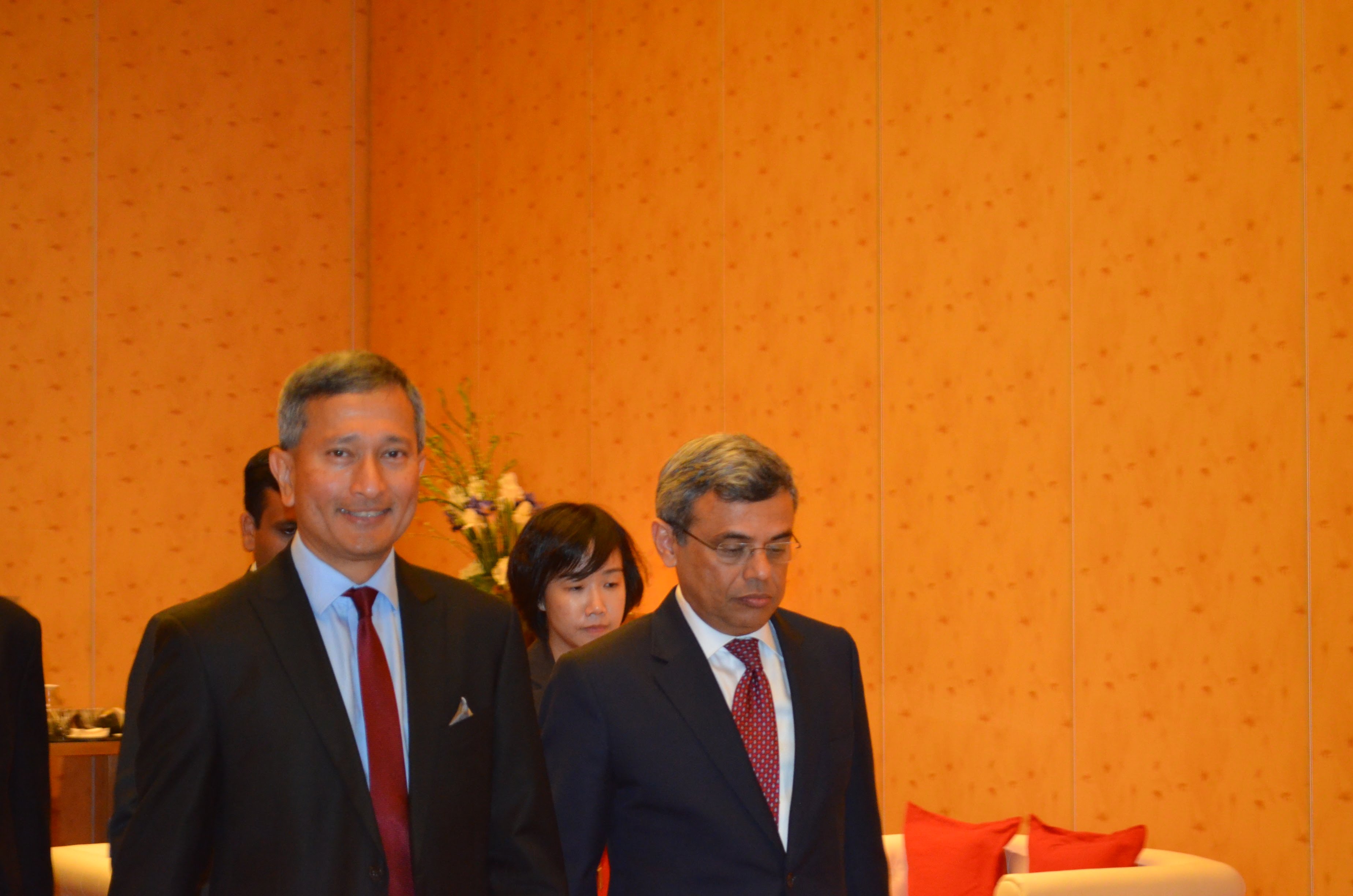 Minister for Foreign Affairs of Singapore Dr Vivian Balakrishnan and High Commissioner of India to Singapore Jawed Ashraf walk together while arriving at the venue.