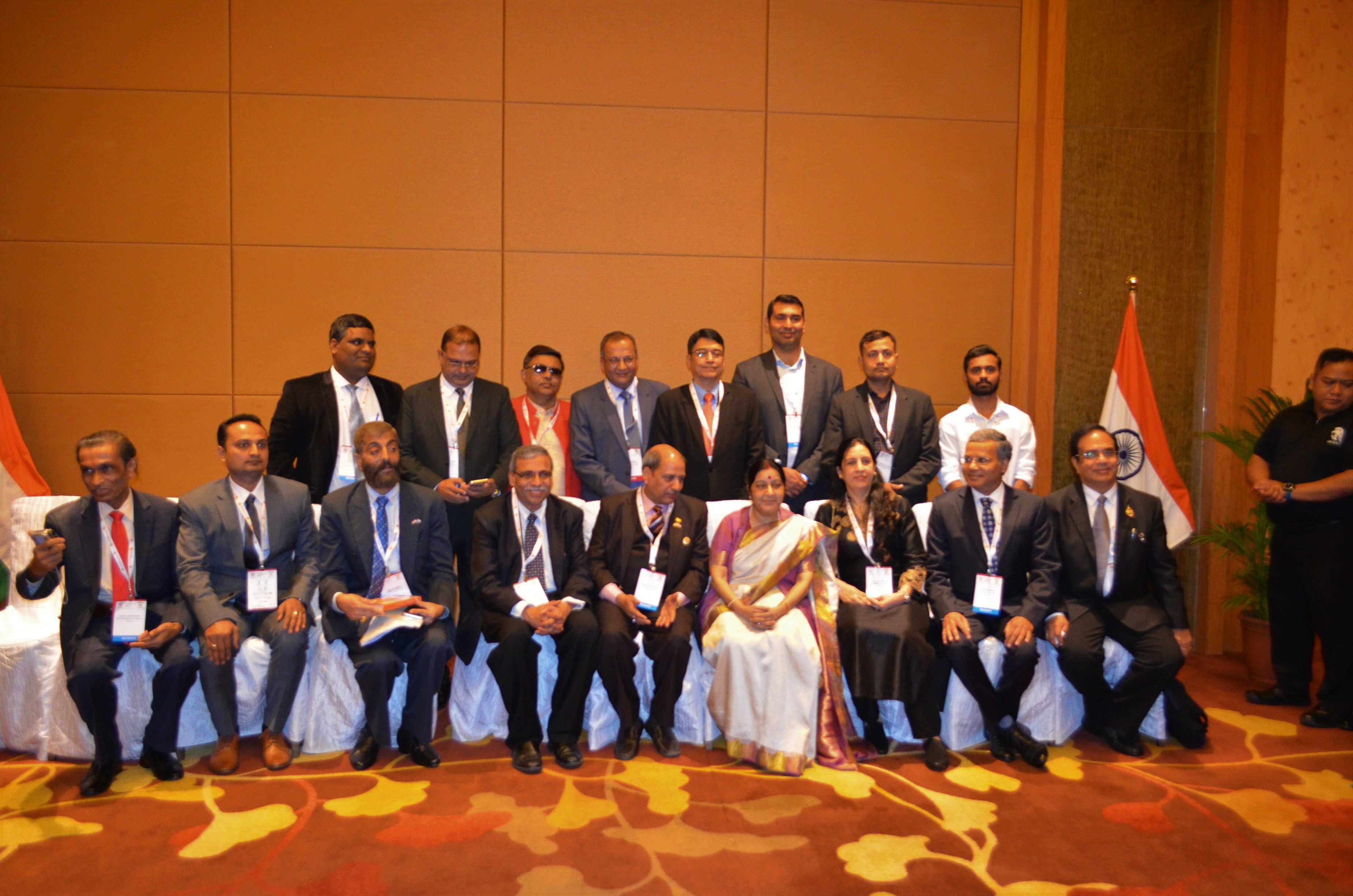 Indian Minister of External Affairs Sushma Swaraj (centre) sitting with the Indian delegates from different parts of the ASEAN countries. 