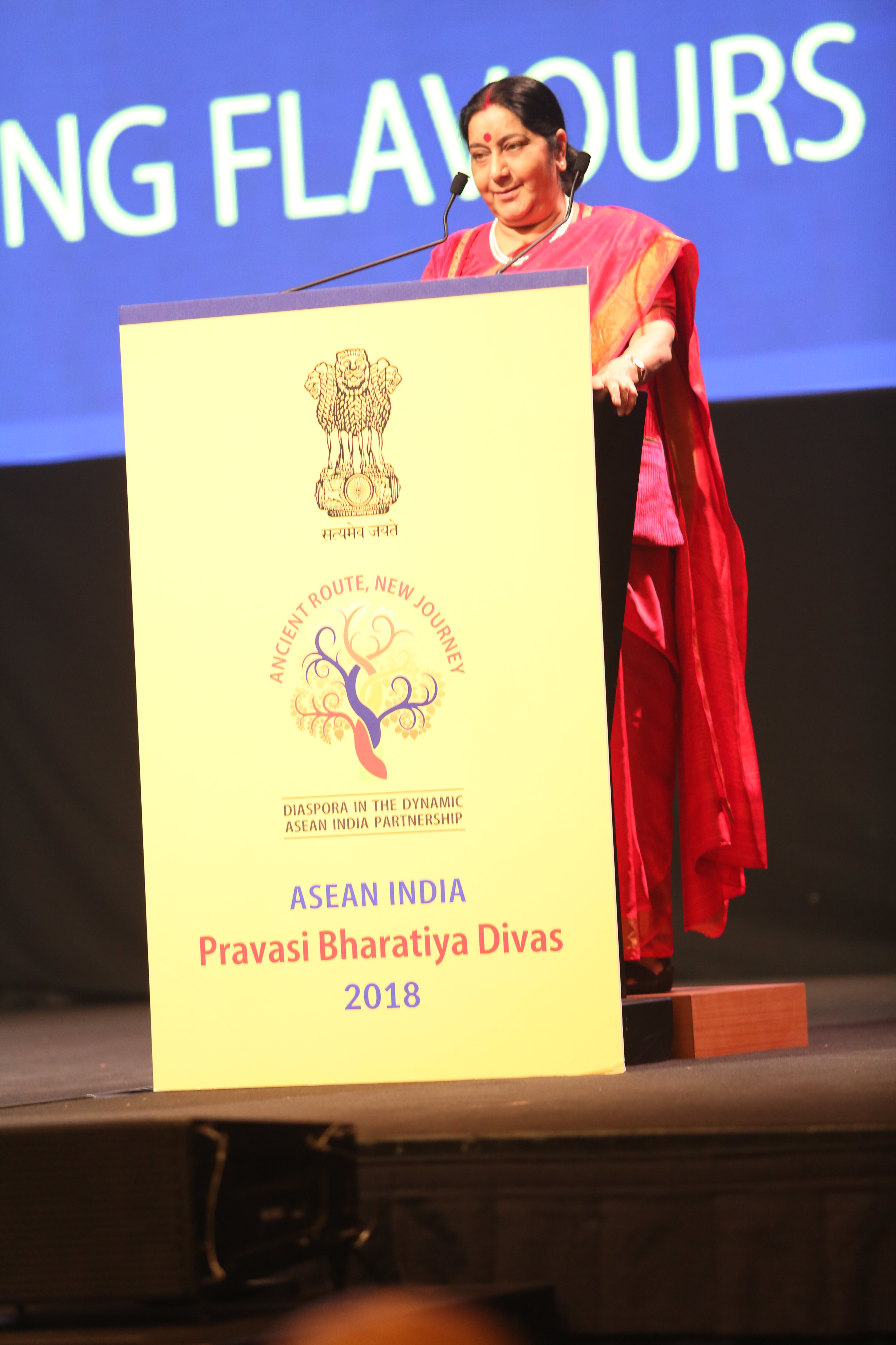 Indian External Affairs Minister Sushma Swaraj addressing the gathering during the gala dinner at the ASEAN India Pravasi Bharatiya Divas 2018.