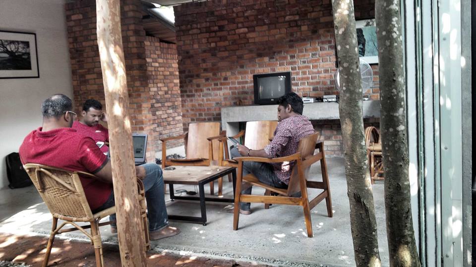 The crew of 'Jagat' during a dialogue writing session. 