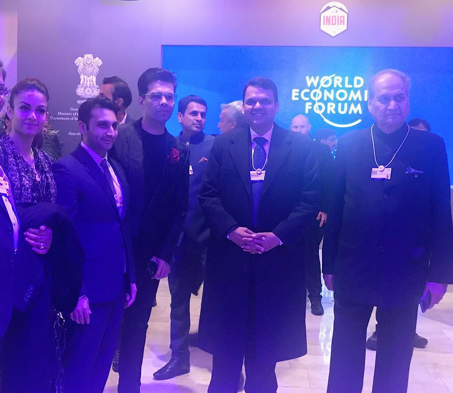 Bollywood director Karan Johar, Chief Minister of Indian state of Maharashtra Devendra Fadnavis and Chairman of Bajaj Group Rahul Bajaj present at World Economic Forum at Davos. 