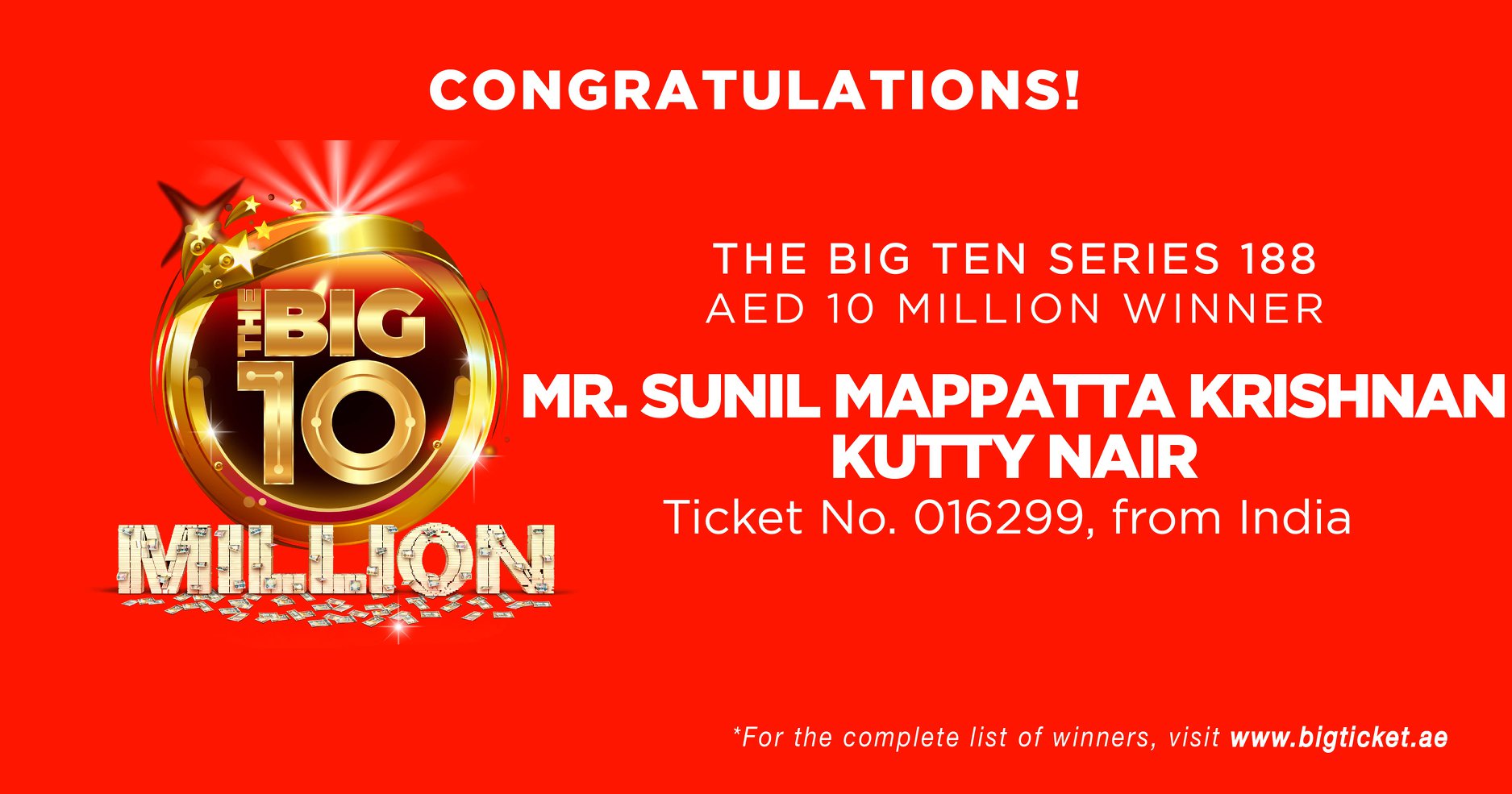 Indian expatriate, Sunil Mappatta Krishnan Kutty Nair has hit the jackpot by winning AED10 million. Photo courtesy: bigticket.ae