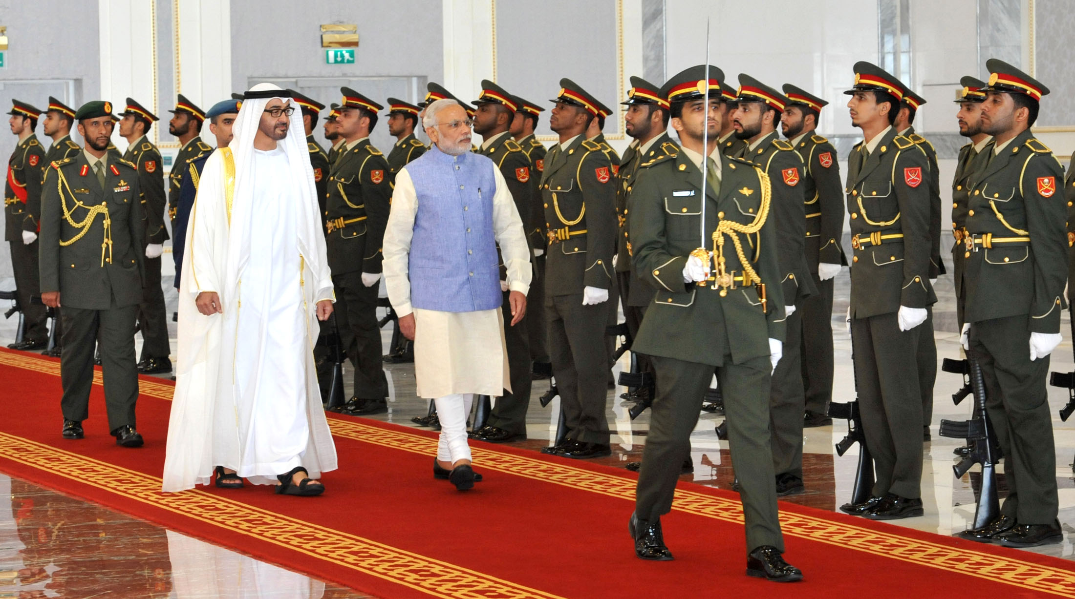 Indian Prime Minister Narendra Modi inspecting the Guard of Honour on his arrival at Abu Dhabi. Crown Prince of Abu Dhabi, His Highness Sheikh Mohammed bin Zayed Al Nahyan is also accompanying him during his previous visit to UAE. 
