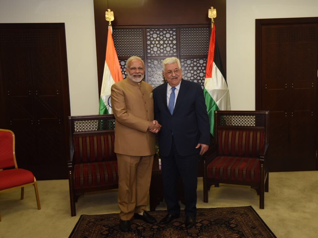  Indian Prime Minister Narendra Modi shaking hands with Palestine' President Mahmoud Abbas at Ramallah. Modi became the first Indian Prime Minister to visit Palestine.