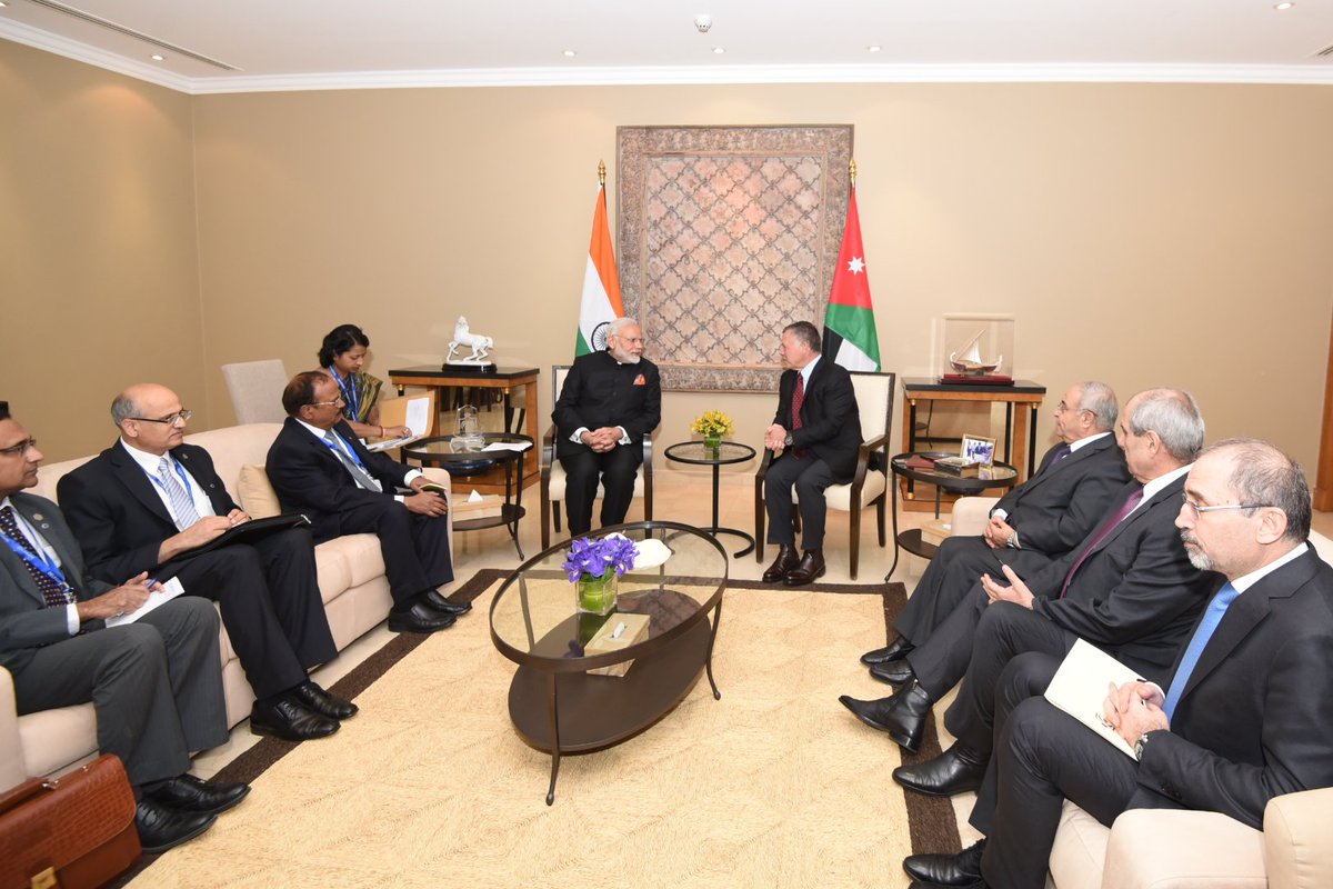 Indian Prime Minister Narendra Modi meeting with Jordan King Abdullah II. The former expressed sincere thanks for logistical support extended for smooth facilitation for his Palestine visit.