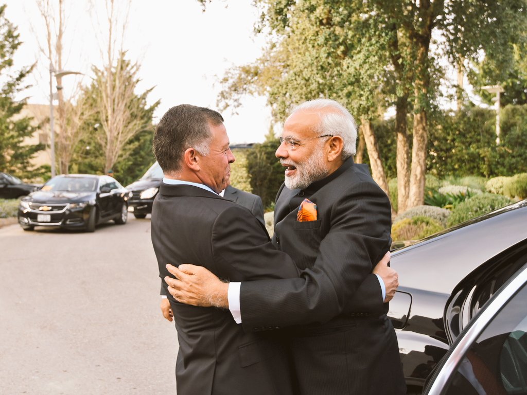  Indian Prime Minister Narendra Modi embracing Jordan King Abdullah II on his arrival. Modi said that he was looking forward to the visit of the King in end-February. He also expressed sincere thanks to Jordan for logistical support extended for smooth facilitation for his Palestine visit. 