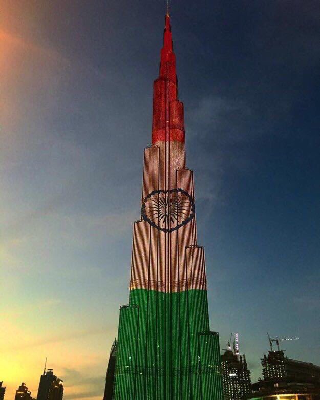 The iconic Burj Khalifa drenched in Indian tricolour on the arrival of Indian Prime Minister Narendra Modi to the United Arab Emirates.