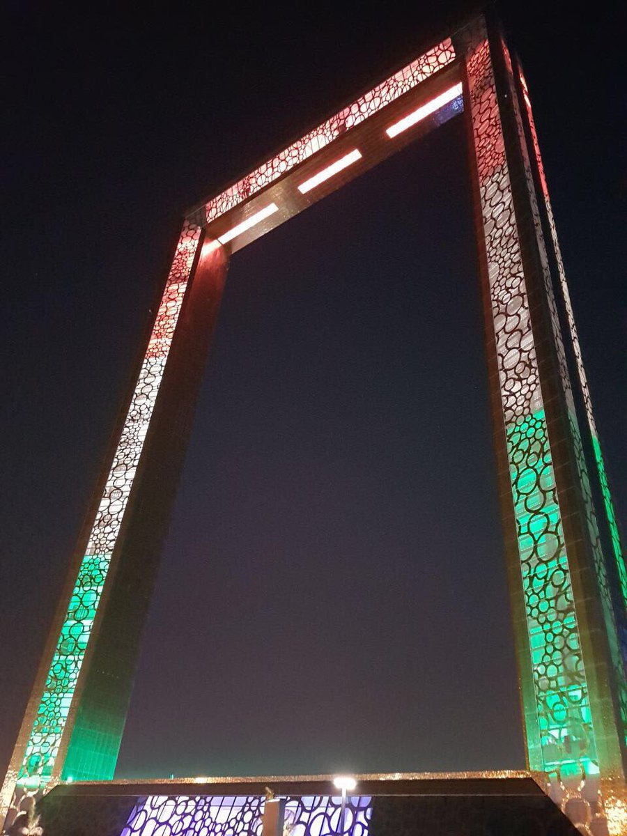 Dubai Frame draped in Indian tricolour on the arrival of Indian Prime Minister Narendra Modi to the United Arab Emirates. 