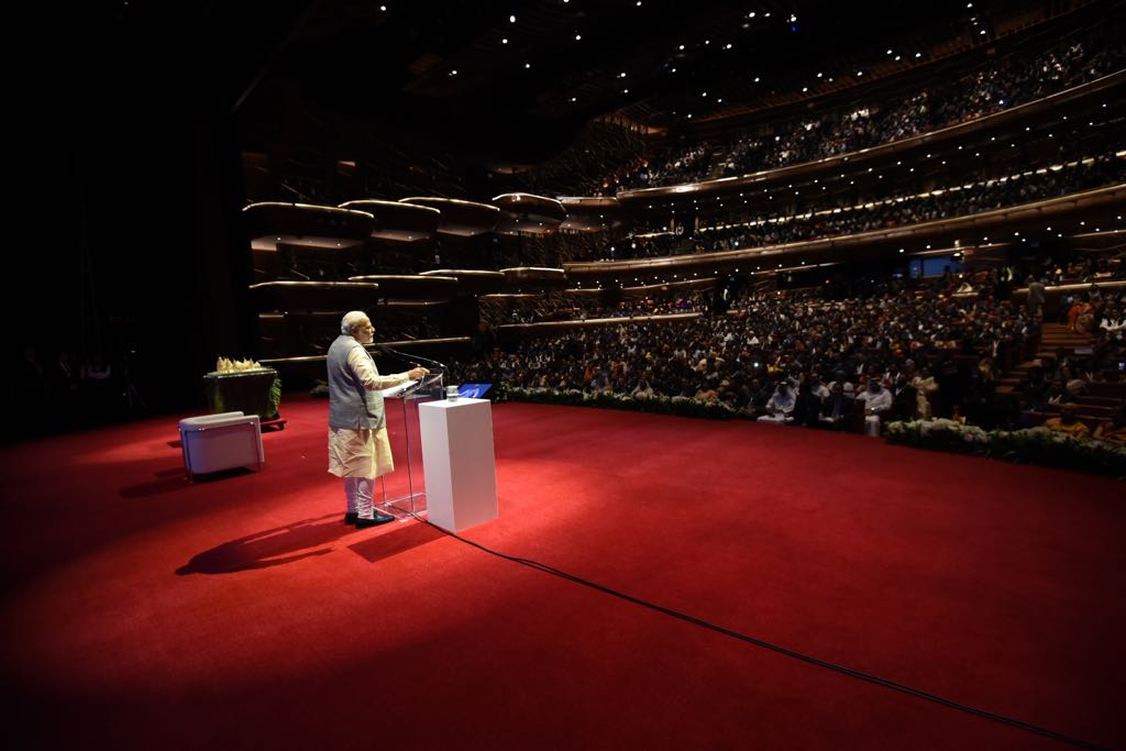 Prime Minister Narendra Modi addresses the enthusiastic Indian community at the iconic Dubai Opera in the UAE.