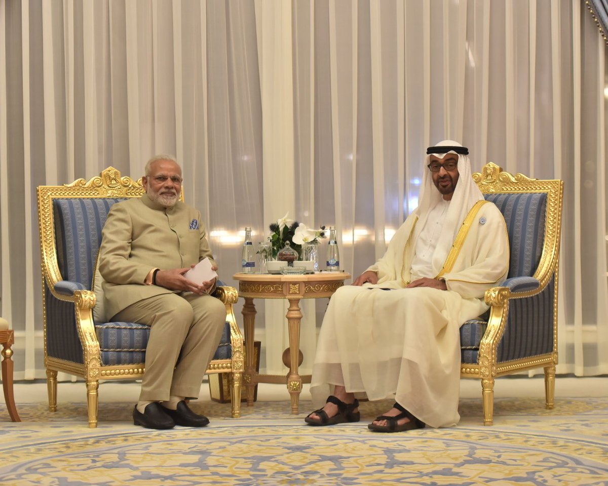 Prime Minister Narendra Modi meeting Crown Prince Mohamed bin Zayed Al Nahyan at Abu Dhabi. The two leaders discussed steps to upgrade the relationship between India and the UAE.