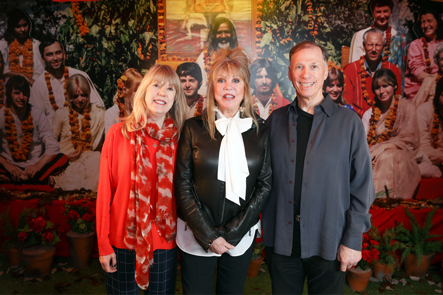 [LEFT] Jenny Boyd, a Ph.D, author, Swinging 60's model, former wife of drummer Mick Fleetwood, sister-in-law to both Beatle George Harrison and Eric Clapton. [CENTRE] Pattie Boyd, the Swinging 60’s model, the first wife of George Harrison who met when she was in school, and is the only surviving ‘First Wife of a Beatle’.  [RIGHT] Paul Saltzman, who photographed the Boyd sisters with The Beatles  in Rishikesh in 1968