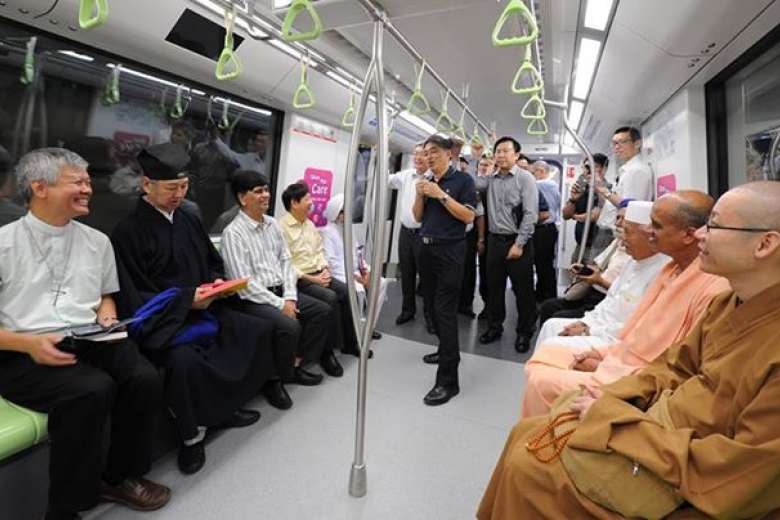Leaders of Singapore's Inter Religious Organisation taking a private ride on the new Downtown line. Photo courtesy: Khaw Boon Wan Facebook