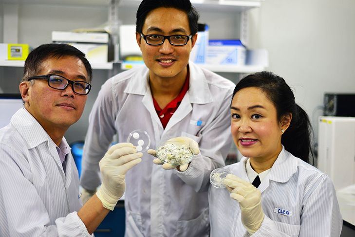 NTU Singapore scientists have found potential biomedical uses for collagen derived from fish scales which are usually discarded. From left: Associate Professor Andrew Tan, research fellow Dr Wang Jun Kit and Assistant Professor Cleo Choong. Photo courtesy: NTU