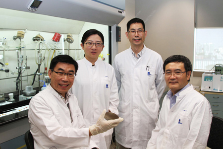 Researchers from IBN,(clockwise from left) Dr Guangshun Yi, Dr Yuan Yuan, Dr Xiukai Li and Dr Yugen Zhang, who developed the dragonfly-inspired nano coating that can kill bacteria spontaneously upon contact. Dr Yi is holding up a piece of zinc coated with zinc oxide nanopillars. 