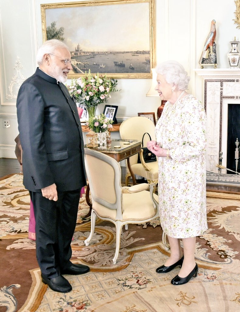 Indian PM Narendra Modi (left) and Queen Elizabeth II in Buckingham Palace yesterday.