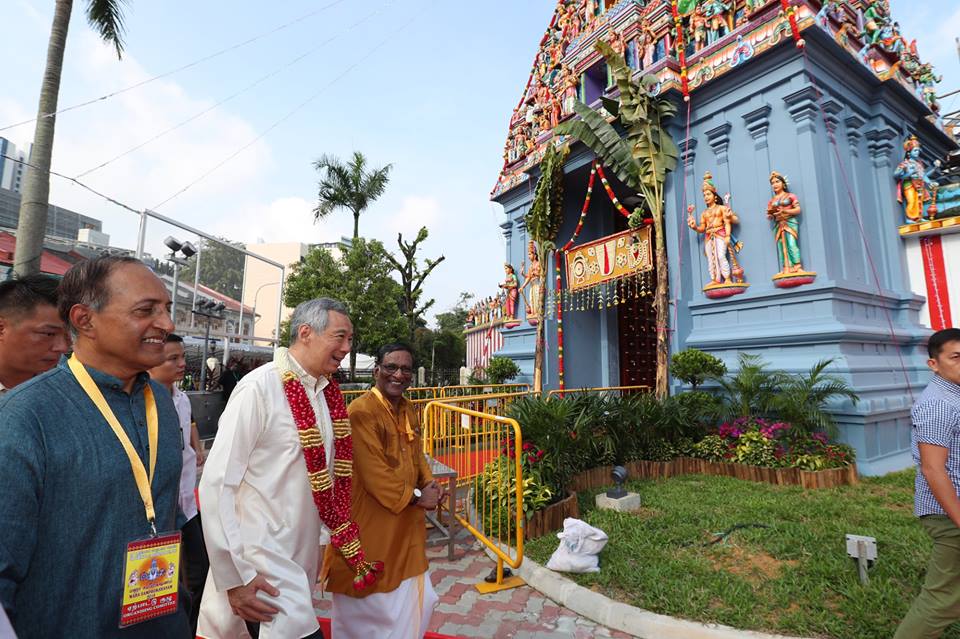 Prime Minister Lee Hsien Loong going to attend the re-consecration ceremony of the 164-year-old Sri Srinivasa Perumal Temple in Singapore. Photo courtesy:  Facebook page of PM Lee