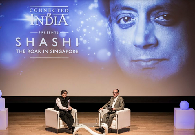 Dr Shashi Tharoor with Vikram Khanna at Singapore Chinese Cultural Centre Auditorium. 