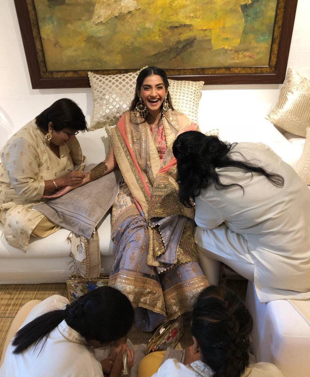 Sonam Kapoor and Anand Ahuja couple had a private mehndi ceremony, held at Anil Kapoor's house in Mumbai with friends and family in attendance.