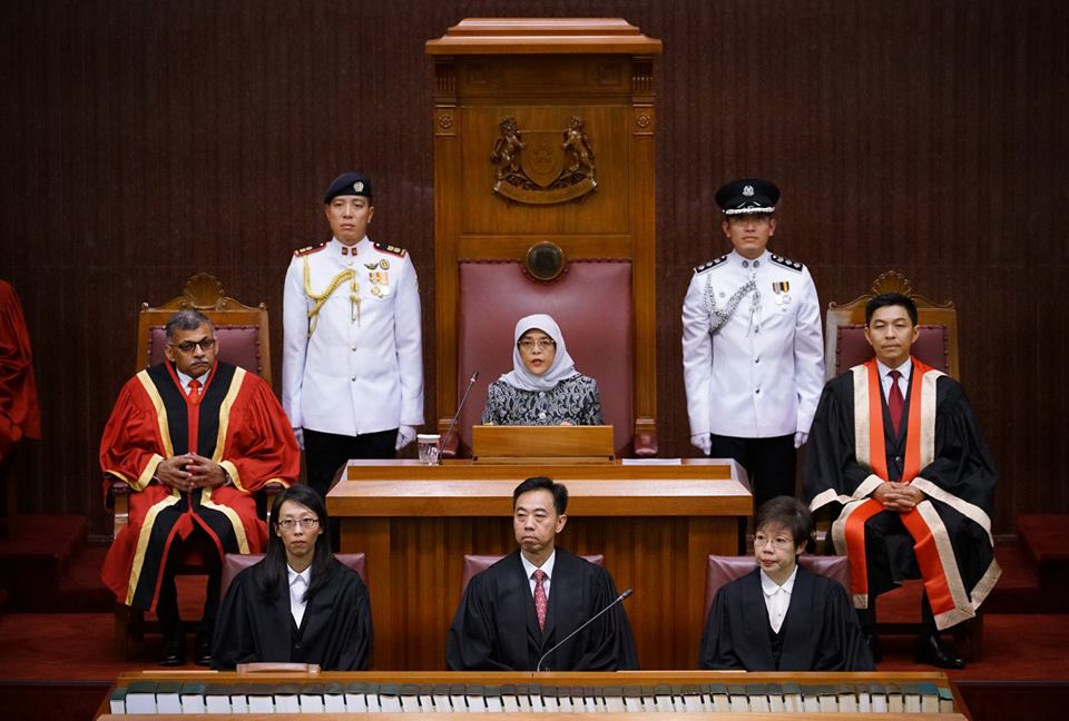 Halimah Yacob, President of Singapore giving her inaugural address during the opening of second session of the 13th Parliament.