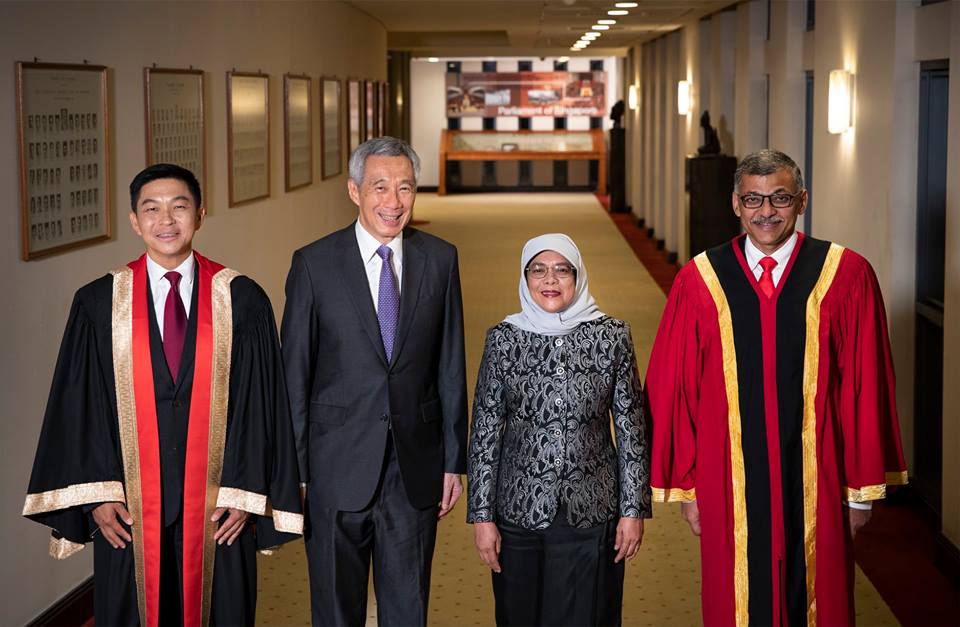 Halimah Yacob, President of Singapore along with Tan Chuan Jin, Speaker of Parliament, Lee Hsien Loong,Prime Minister of Singapore and Sundaresh Menon, Chief Justice during the opening of second session of the 13th Parliament. 
