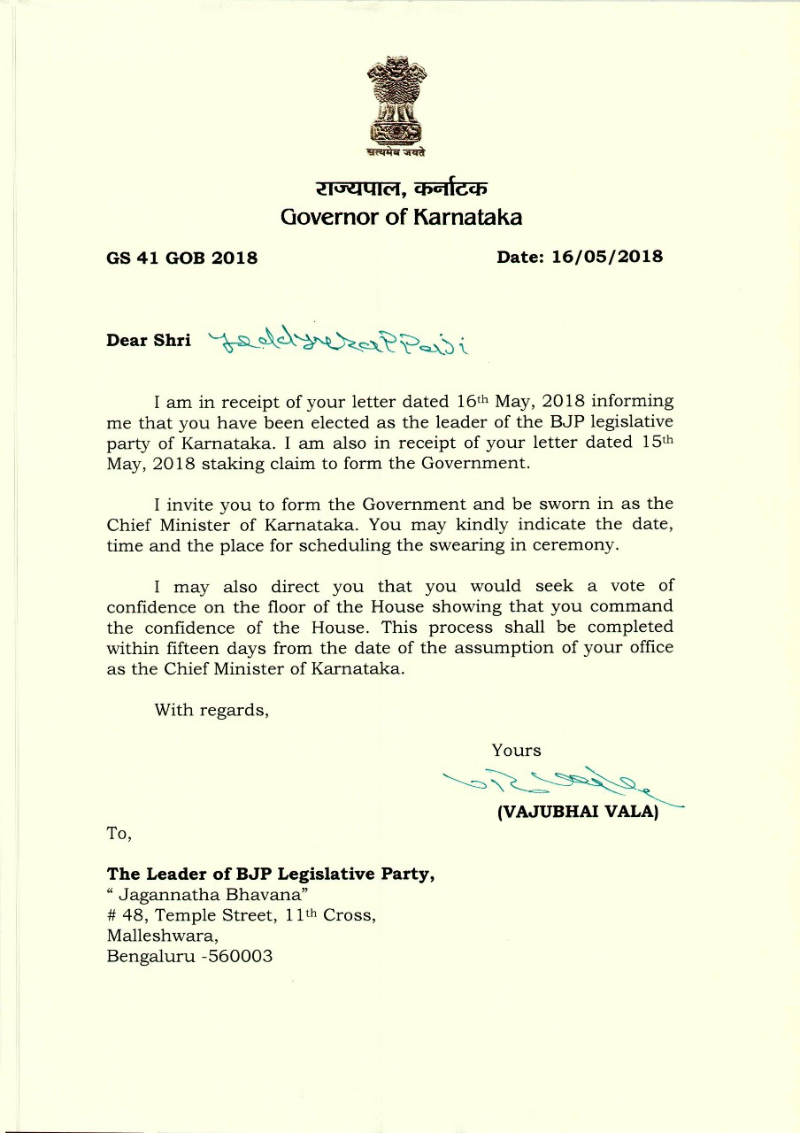 letter karnataka governor