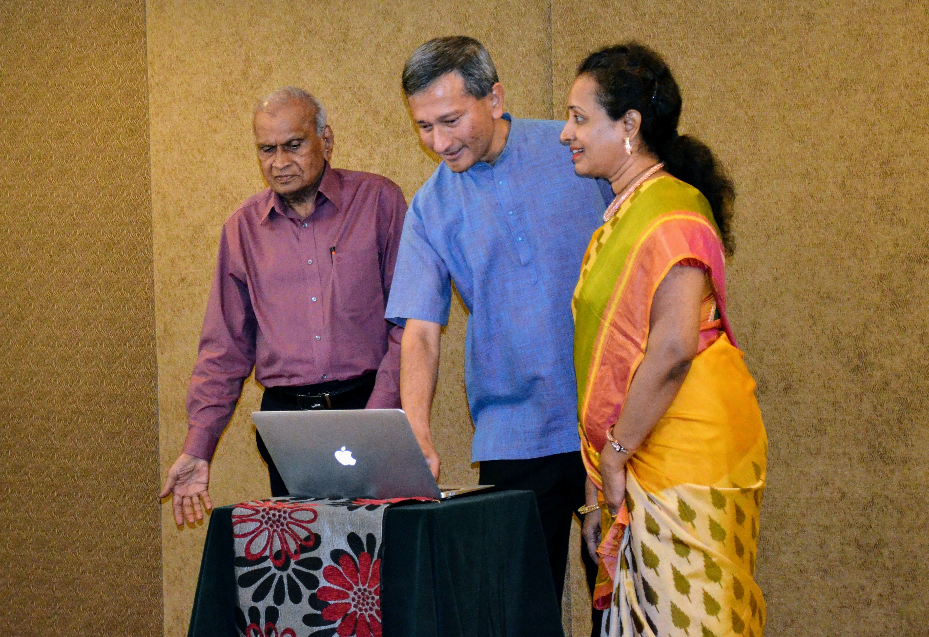 Dr Vivian Balakrishnan, Foreign Minister of Singapore launching the book 'The Tamil Community and Making of Modern Singapore’ flanked by co-authors AP Raman and Soundaranayaki Vairavan. Photo: Connected to India