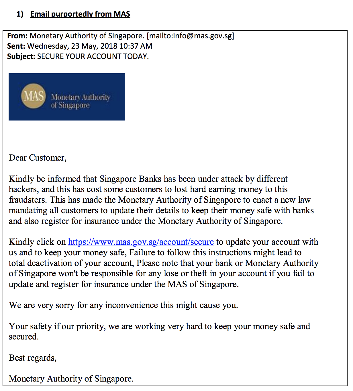 Email purportedly from MAS. Photo courtesy: MAS