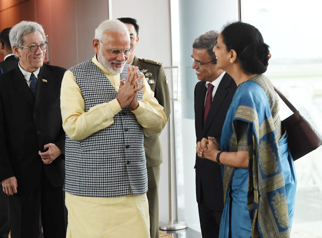Indian High Commissioner to Singapore, HE Jawed Ashraf (third from left) along with senior officials welcoming Indian Prime Minister Narendra Modi on his arrival in Singapore.