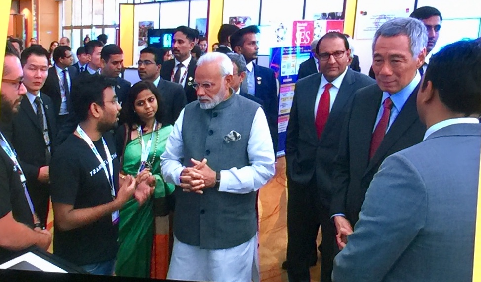 Indian Prime Minister Narendra Modi interacting with the entrepreneurs at the India-Singapore Enterprise and Innovation Exhibition. Photo: Connected to India