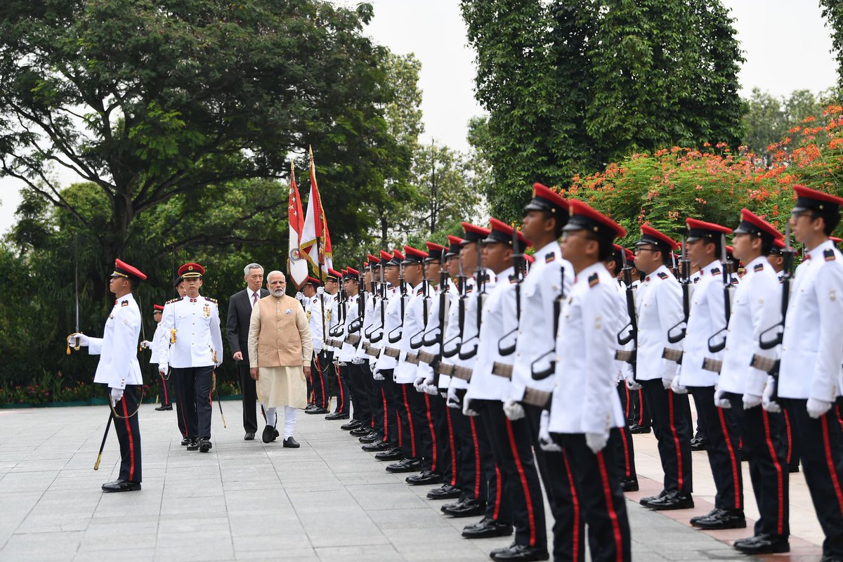 PM Modi was accorded a ceremonial welcome on his arrival at Istana - Presidential Palace of Singapore.