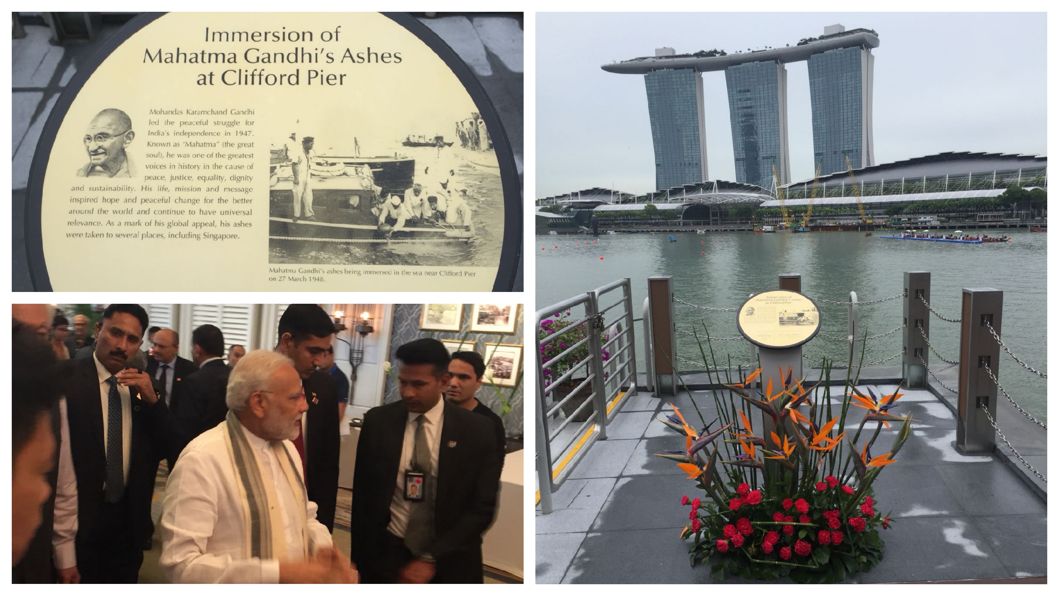 (Clockwise from left): A close-up of the plaque; a view of Marina Bay from Clifford Pie with the site of the plaque in the foreground; PM Modi arrives at the Fullerton Hotel for the unveiling ceremony. Photos: Connected to India