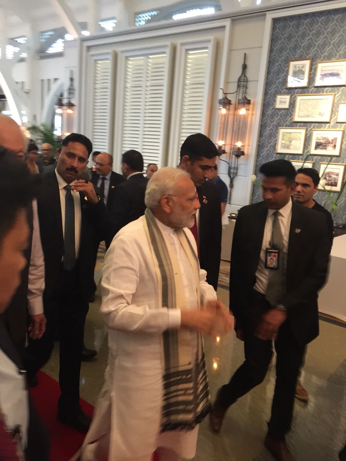 Indian Prime Minister Narendra Modi arriving at the Fullerton Hotel for the unveiling of plaque ceremony. 