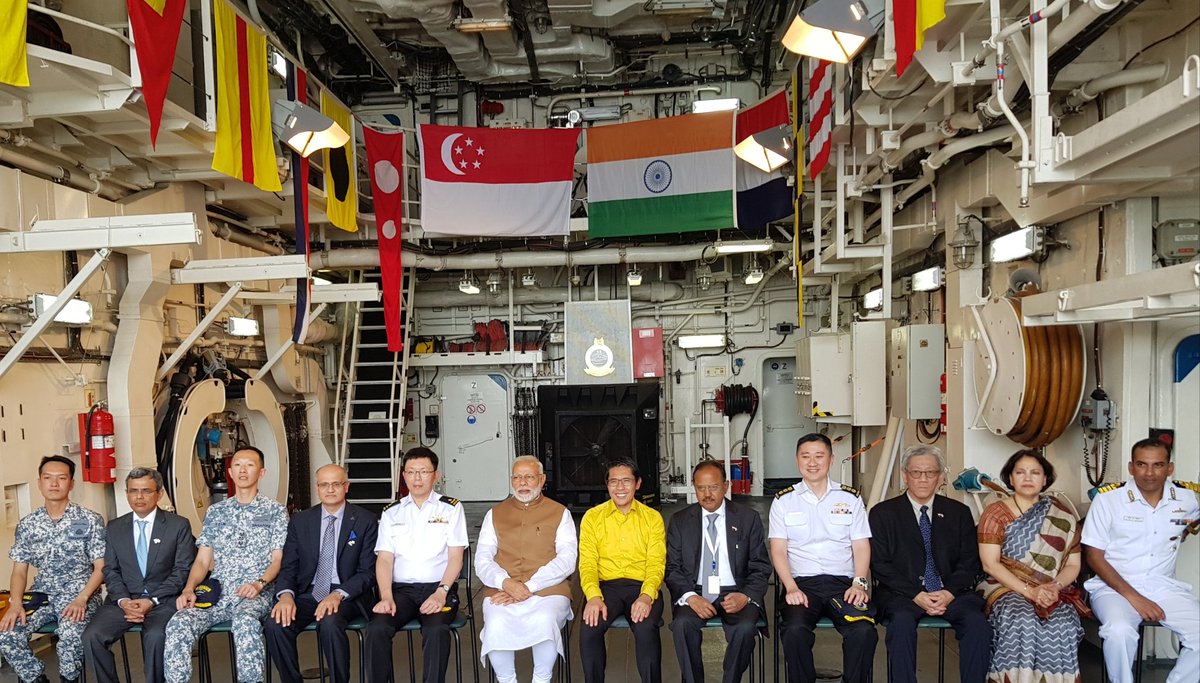 PM Modi, Senior Minister of State for Defence of Singapore Md. Maliki Osman and other dignitaries on-board the RSS Formidable Frigate of the Singapore Navy. Photo courtesy: Twitter/@MEAIndia