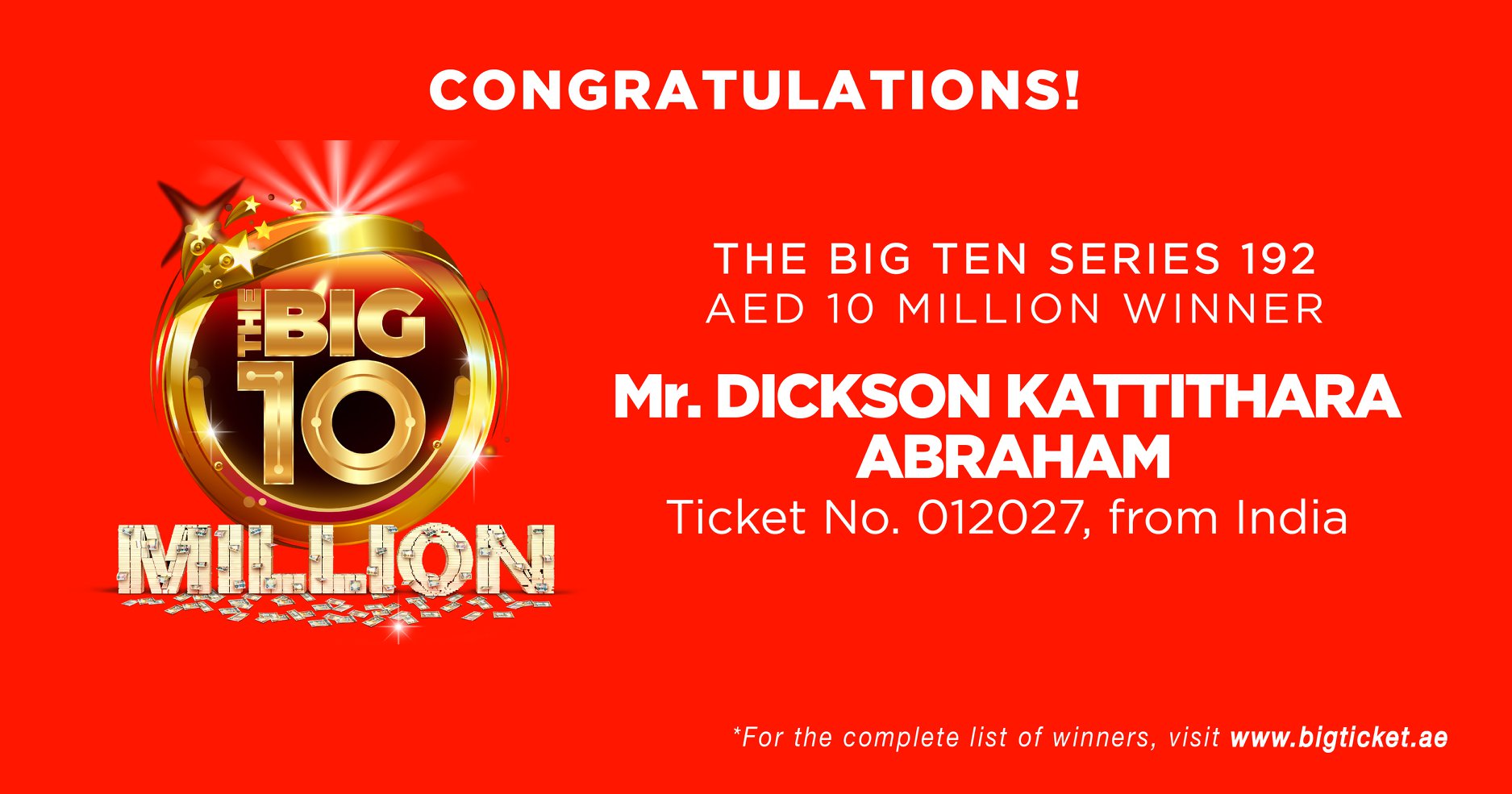 An Indian has hit the jackpot in UAE by winning AED10 million in raffle draw. Photo courtesy: Facebook page of Big Ticket 