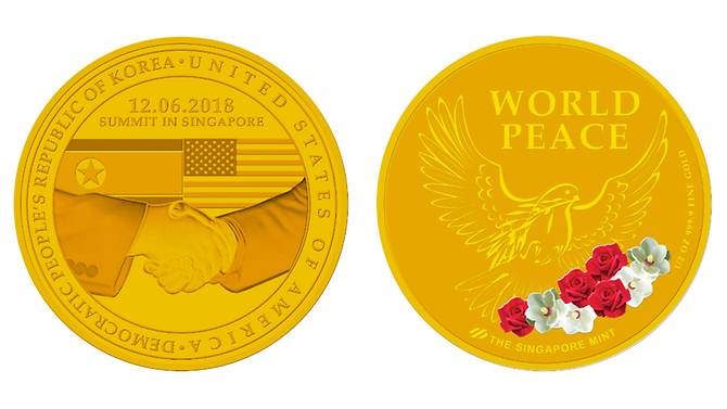 In the front portion of the medallion, there is a handshake between US and North Korean leaders and the national flags of both the countries. The gold medallion has been priced at SGD1,380. 