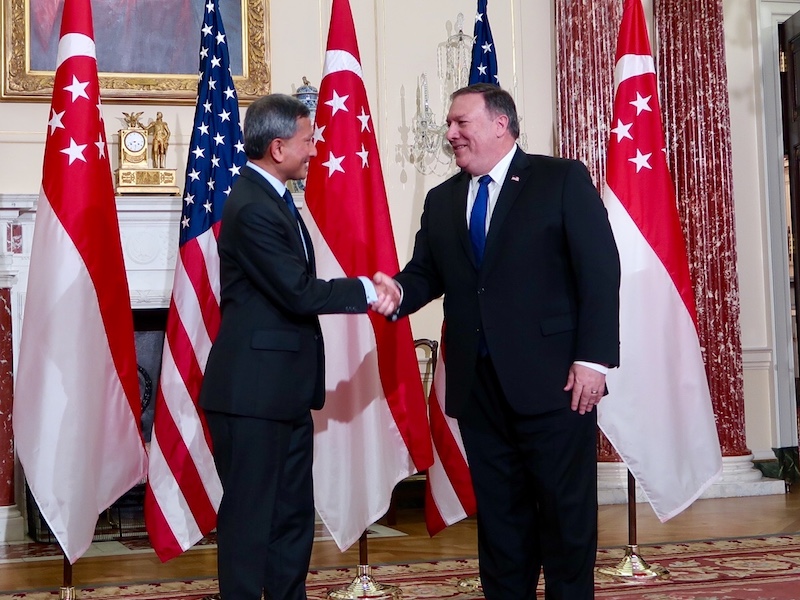 US Secretary of State Mike Pompeo greets Minister for Foreign Affairs of Singapore Dr Vivian Balakrishnan at the US Department of State.