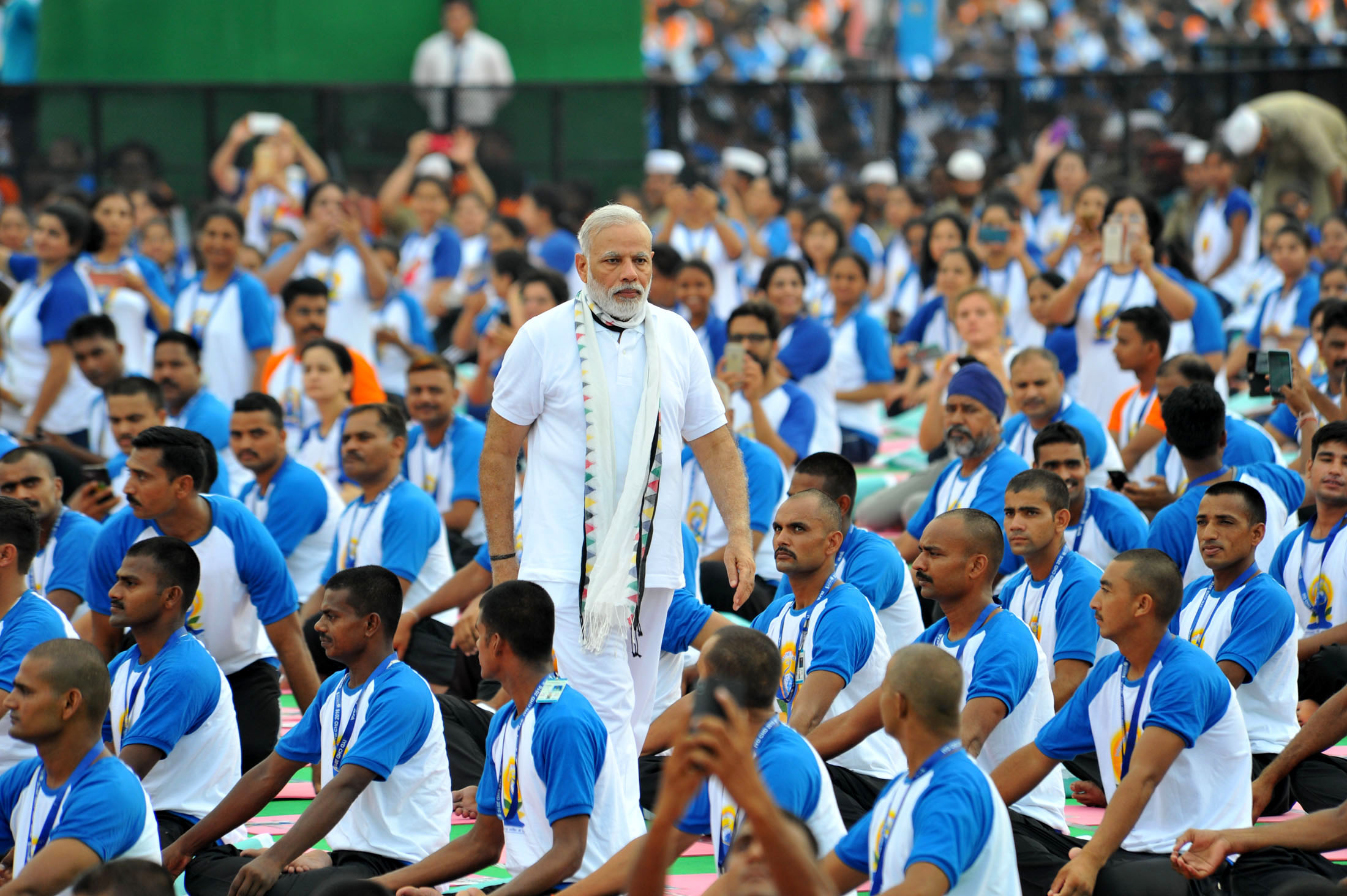 Indian Prime Minister Narendra Modi with the participants during the mass yoga demonstration at the Capitol Complex, Chandigarh, on the occasion of second International Day of Yoga on June 21, 2016. 
