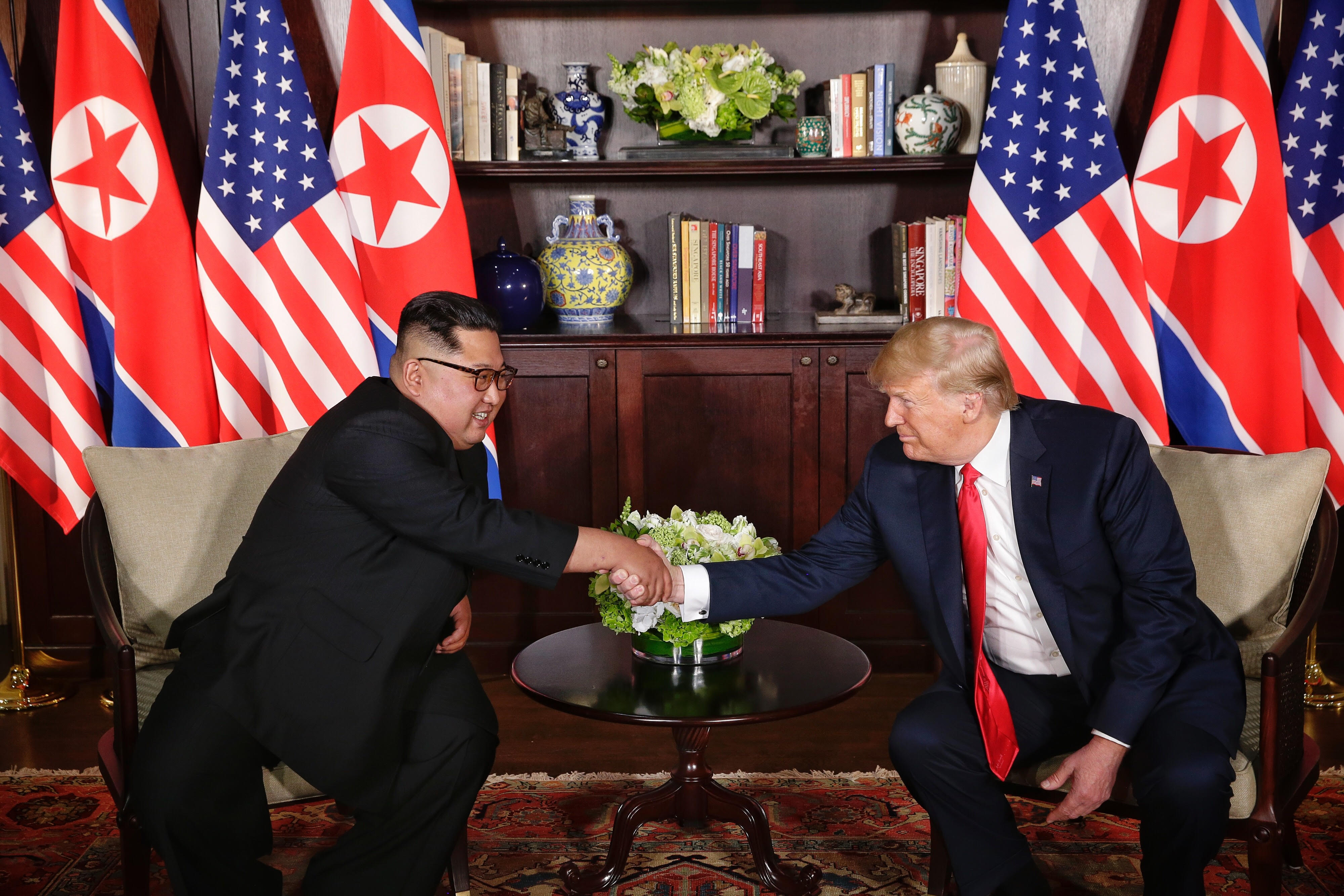 US President Donald Trump and North Korean leader Kim Jong Un in a happy mood at the DPRK-USA Singapore Summit. 