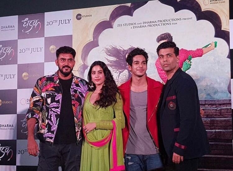Director Shashank Khaitan, Janhvi Kapoor, Ishaan Khatter and producer Karan Johar at the launch of 'Dhadak'. 