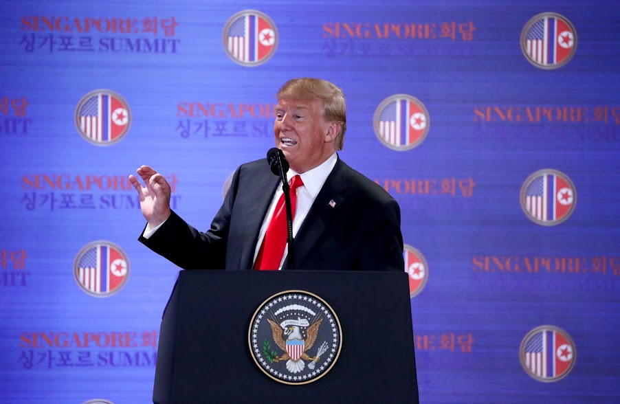 US President Donald Trump adressing media persons at DPRK-USA Singapore Summit. Photo courtesy: Ministry of Communications and Information