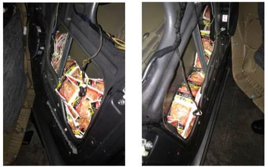 Chewing tobacco were also hidden between the front and rear, left and right door panels. 