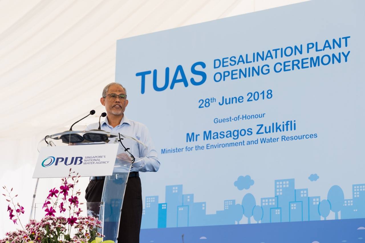 Minister for the Environment and Water Resources Masagos Zulkifli at the opening ceremony of the Tuas Desalination Plant. Photo courtesy: PUB