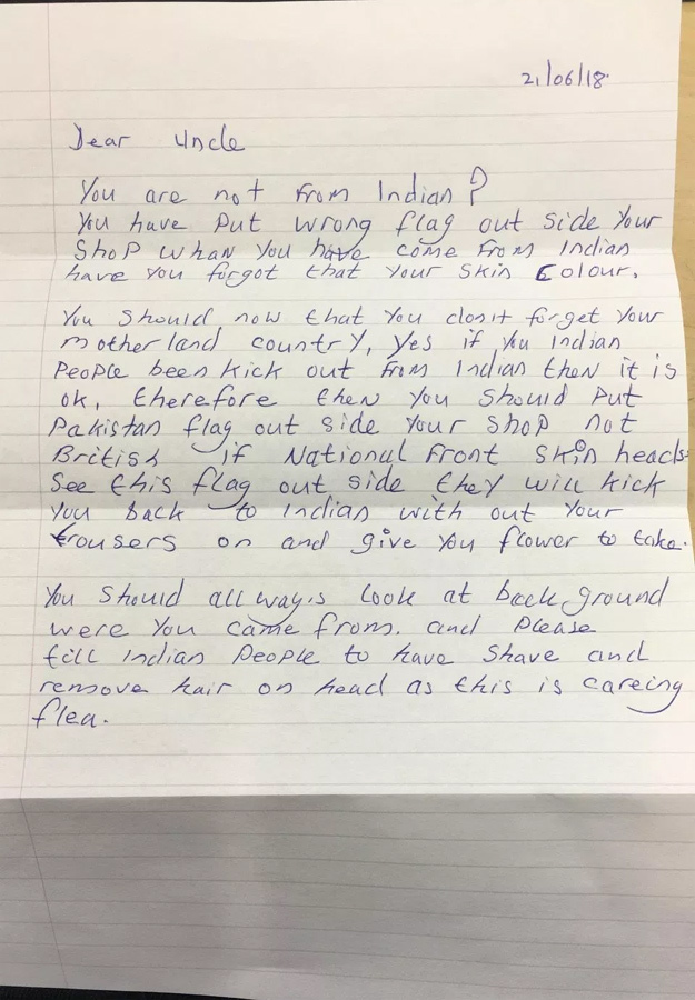 The racist letter to gagan singh in london