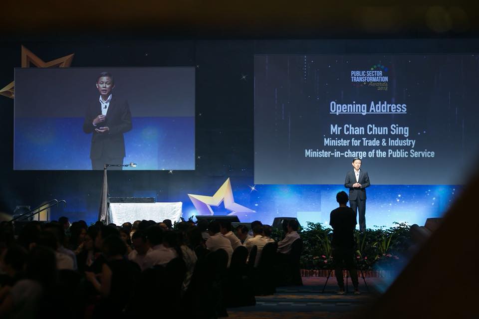 Minister-in-charge of Public Service and Minister for Trade & Industry Chan Chun Sing speaking during the Public-Sector Transformation Awards ceremony. Photo courtesy: Facebook page of Chan Chun Sing