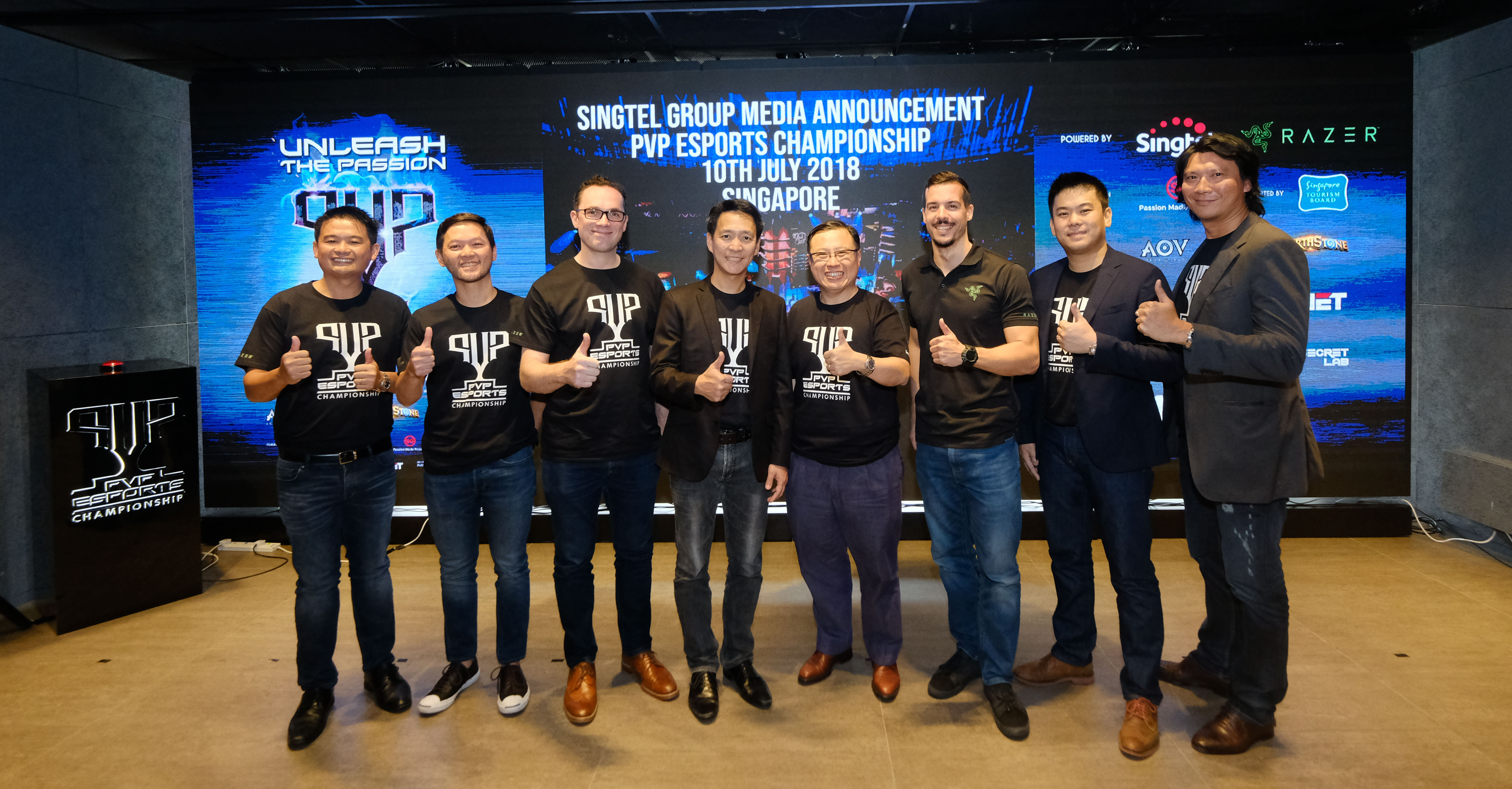 (From left to right) Panelists from the Singtel press conference Soon Sze Meng, Vice President Business of Singtel's International Group; Jake San Diego, Director-Head of Games of Globe Telecom; Crispin Tristam, Vice President Digital Services of Telkomsel; Pratthana Leelapanang, Chief Consumer Business Officer of AIS; Arthur Lang, CEO of Singtel's International Group; Hilmar Hahn, Associate Director, Product Marketing-Peripherals (Global) of Razer; Ronald Robbins, CEO & Founder of Mineski Group and Paul Chen, Managing Director, Taiwan, Hong Kong, & Southeast Asia, Blizzard Entertainment. Photo courtesy: Singtel