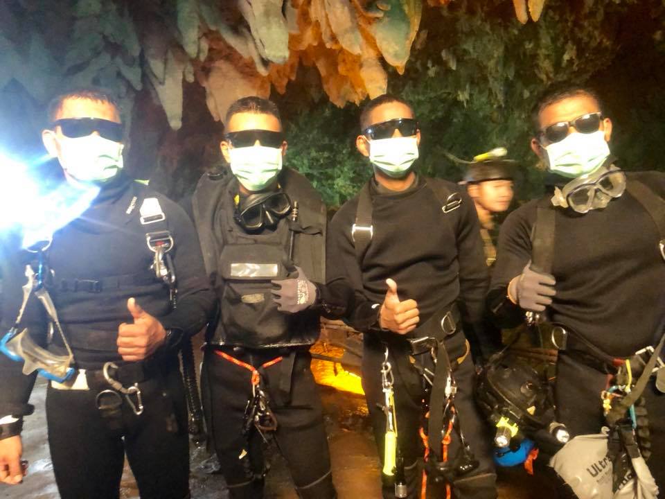 Thai Navy SEALs giving a thumbs up for the successful operation of taking out 12 Thai boys and their football coach from the Tham Luang cave. Photo courtesy: Facebook page of Thai NavySEAL