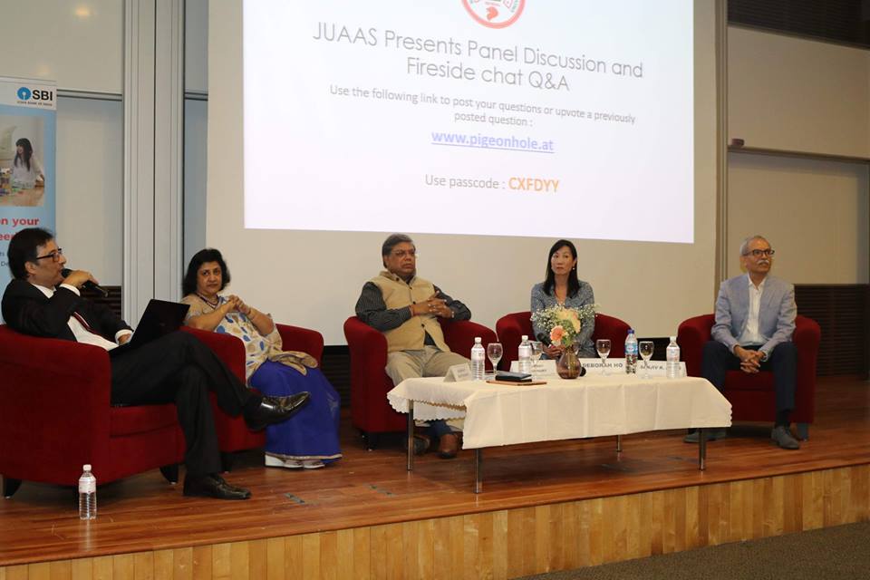 From left: Professor Nilanajn Sen, Arundhati Bhattacharya, Arup Roy Chowdhury of NTPC, Deborah Ho of Black Rock and Sanjiv Aiyar of the IIM Alumni Association, Singapore during a panel discussion. Photo courtesy: Rahul Singh
